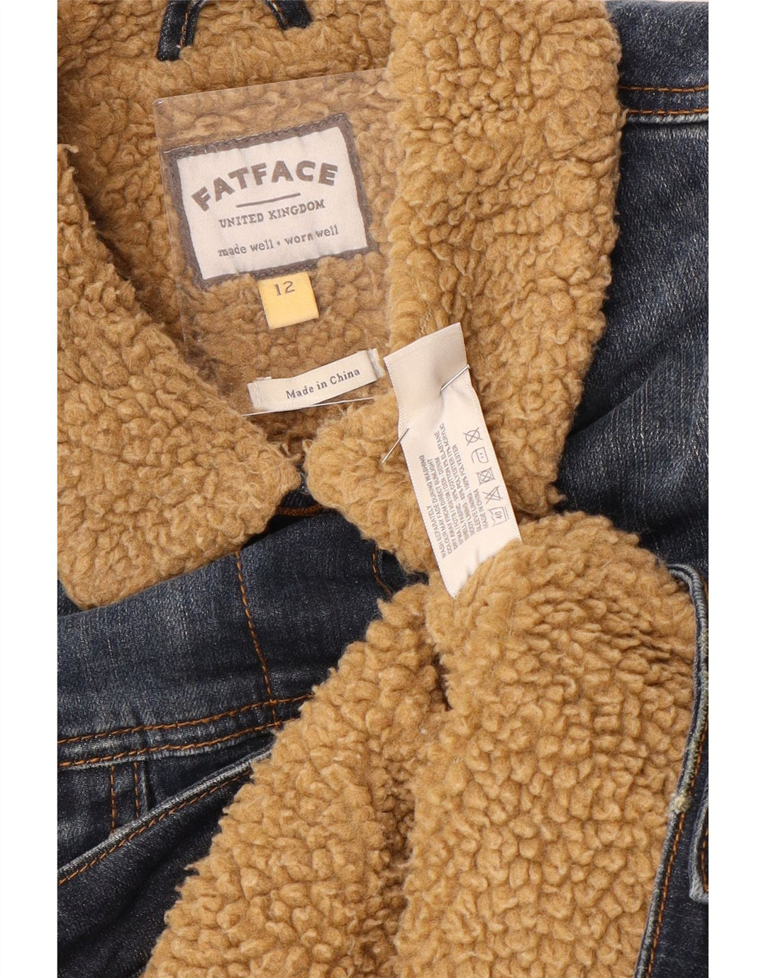 FAT FACE Damen Sherpa-Jeansjacke UK 12 Mittelblaue Baumwolle