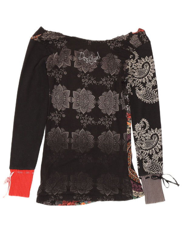 Desigual Womens Graphic Top Langarm UK 8 Small Schwarz geblümte Baumwolle