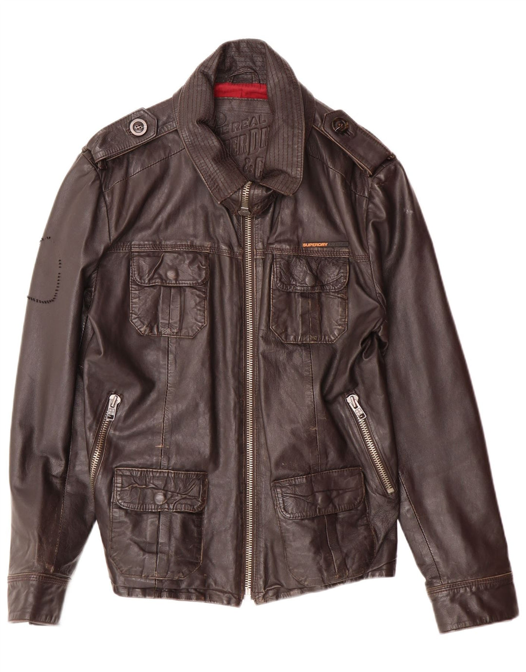 Superdry Herren-Militärlederjacke, UK 40, großes braunes Leder