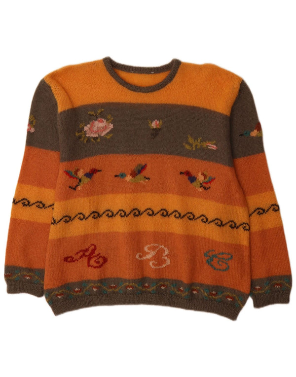 Vintage Damen Pullover mit Rundhalsausschnitt UK 18 XL Orange Colourblock Neuheit