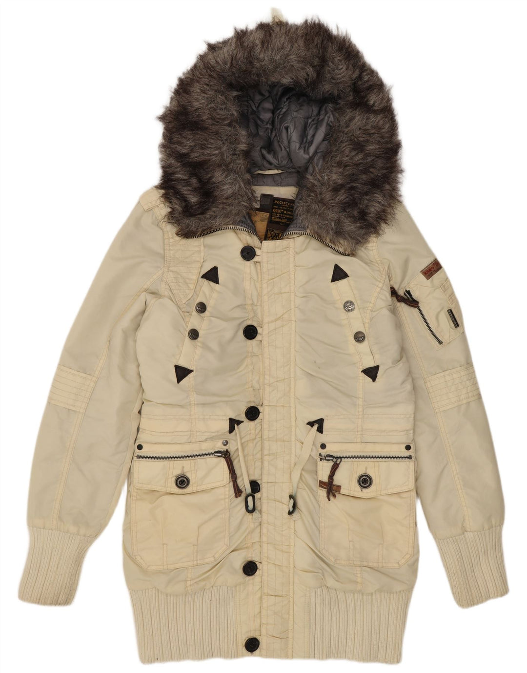 KHUJO Damen-Parkajacke mit Kapuze, UK 16, Größe L, gebrochenes weißes Nylon