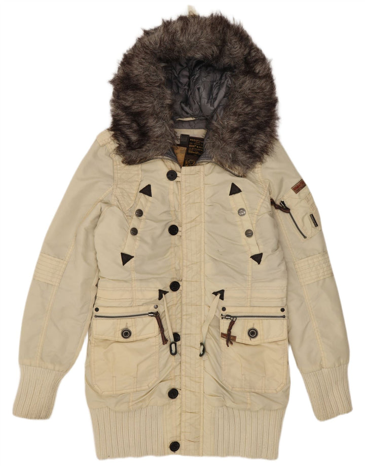 KHUJO Damen-Parkajacke mit Kapuze, UK 16, Größe L, gebrochenes weißes Nylon