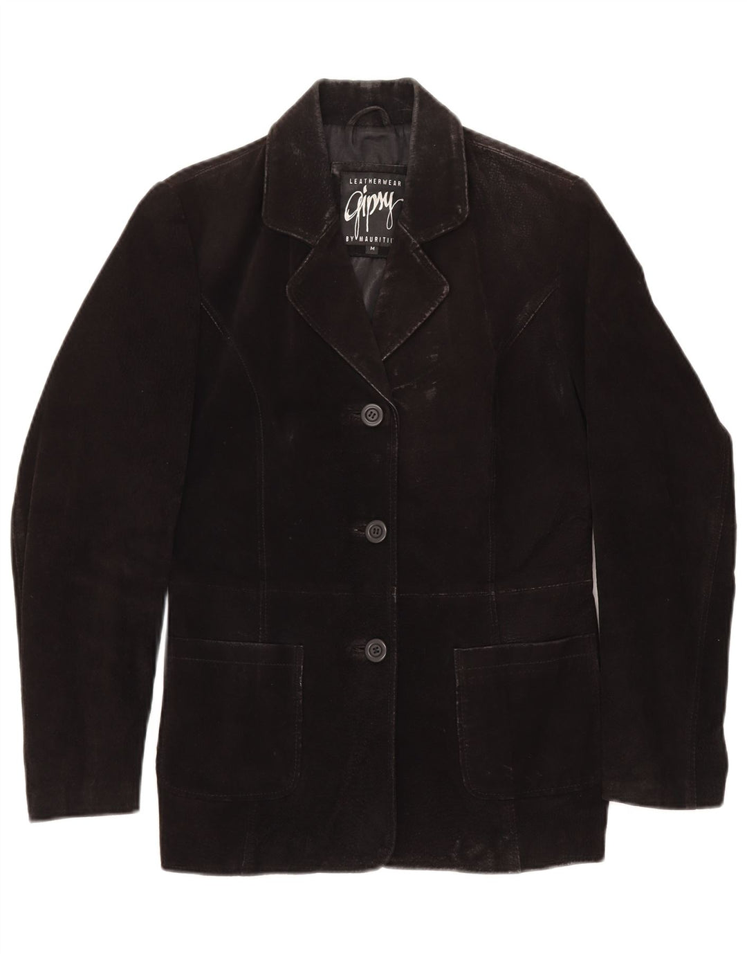 GYPSY Damen 3-Knopf-Wildleder-Blazerjacke UK 14 Mittelschwarzes Leder