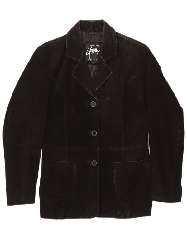 GYPSY Damen 3-Knopf-Wildleder-Blazerjacke UK 14 Mittelschwarzes Leder