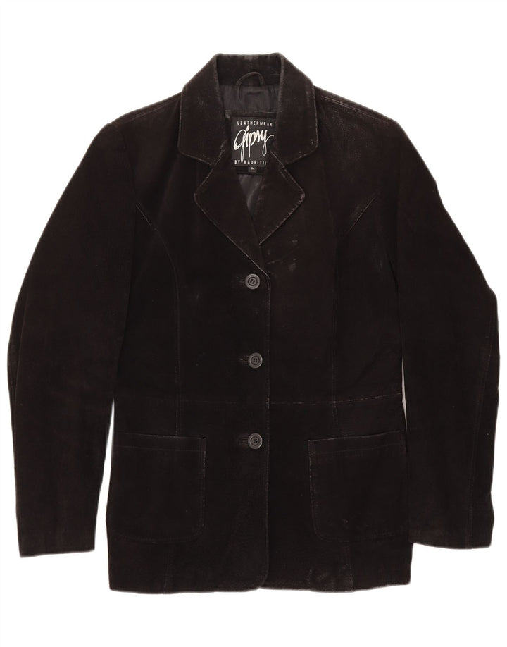 GYPSY Damen 3-Knopf-Wildleder-Blazerjacke UK 14 Mittelschwarzes Leder