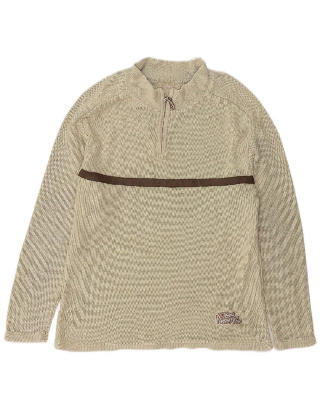 Weird Fish Herren-Pullover mit Reißverschluss am Hals, Mittelbeige, gestreift, Baumwolle