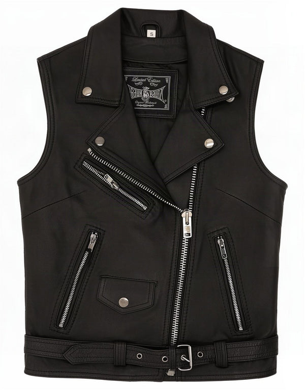 Vintage Damen Biker-Lederweste UK 8 Small Black