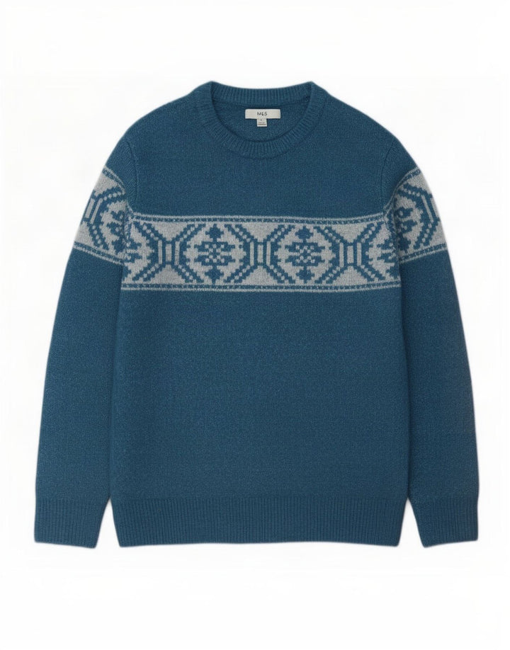Marks & Spencer Herren-Pullover mit U-Boot-Ausschnitt, mittelblaues Fair-Isle-Acryl