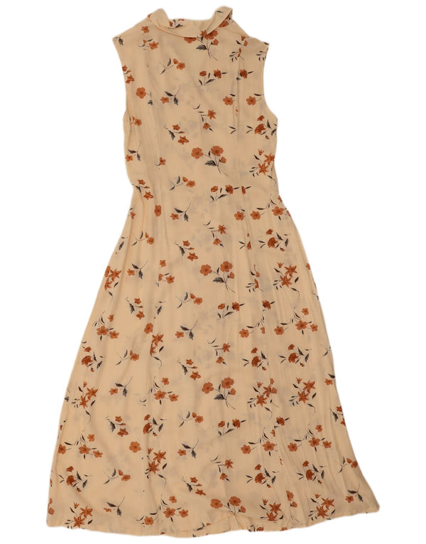 Vintage Damen Ärmelloses Hemdkleid UK 12 Mittelgelbe geblümte Viskose