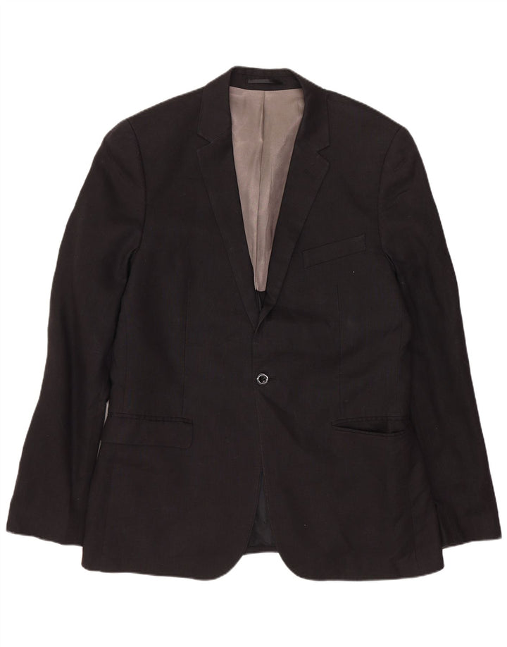 DKNY Herren Slim Fit 1-Knopf-Blazerjacke UK 40 Große schwarze Wolle