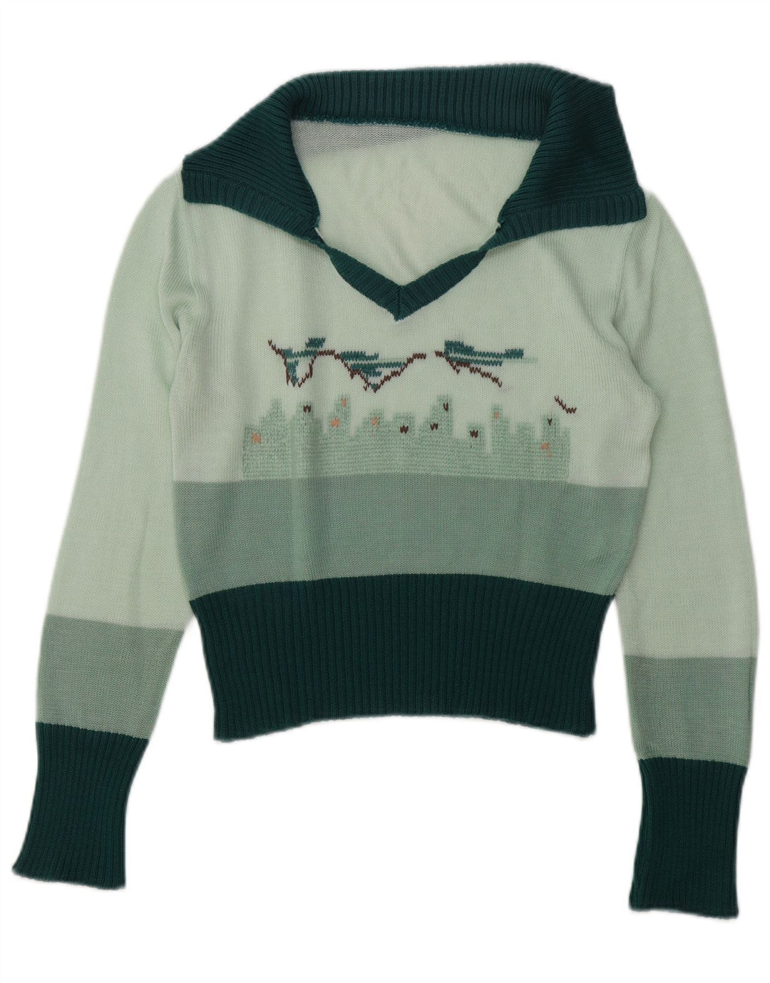 Vintage Damen Pullover mit grafischem Polokragen, UK 14, Mittelgrün