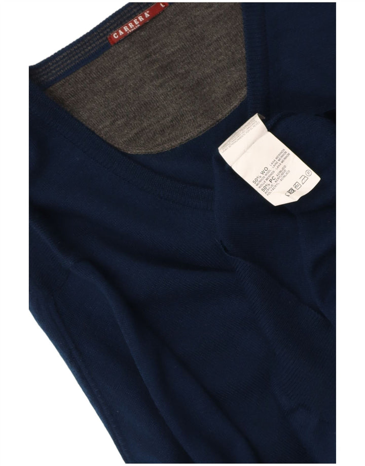 CARRERA Mens V-Neck Jumper Sweater Large Navy Blue Wool