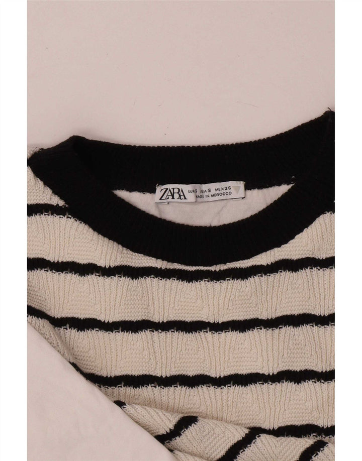 Zara Damen Crop Bluse Top UK 10 Small weiß gestreift Baumwolle
