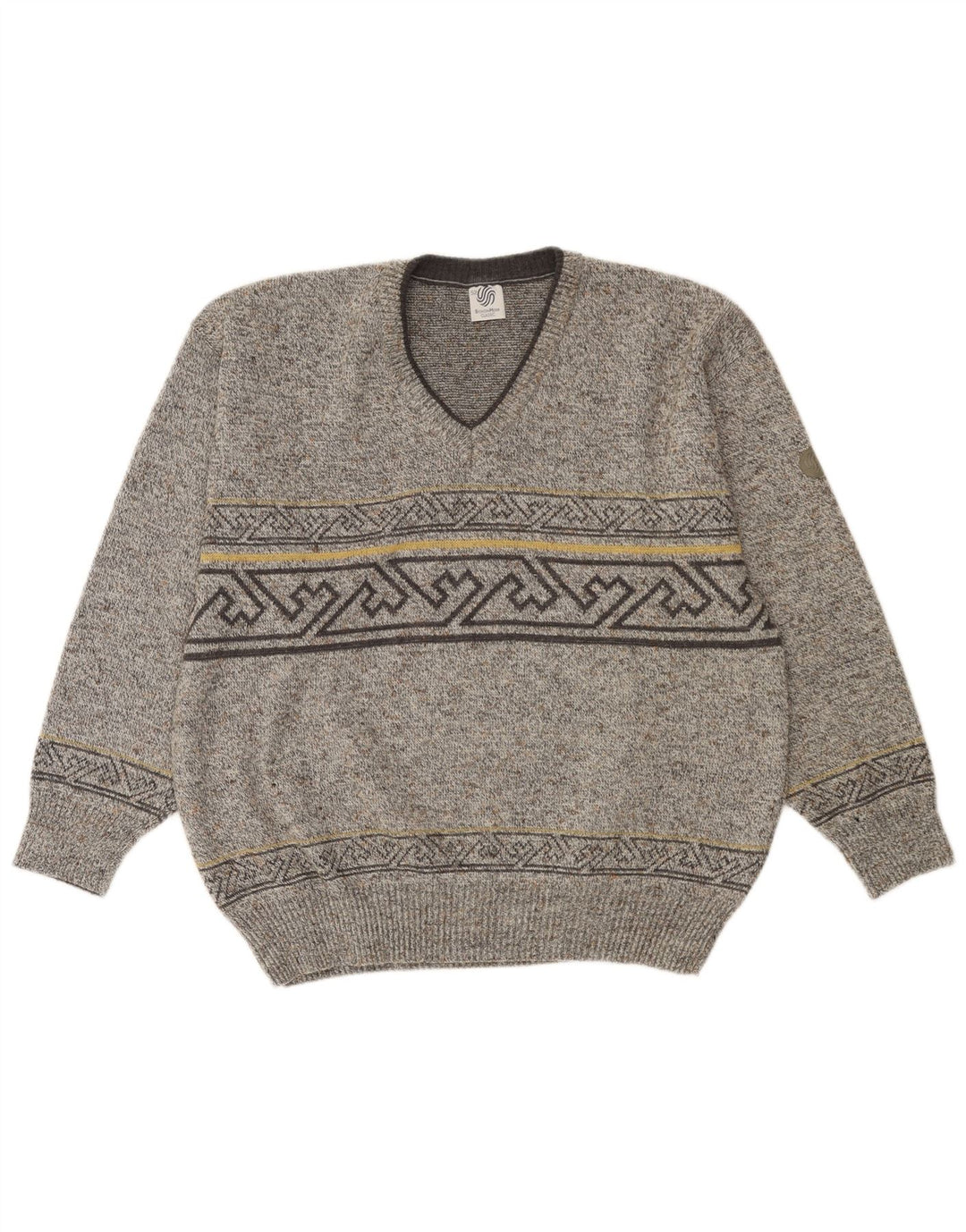 VINTAGE Herren Pullover mit V-Ausschnitt IT 52 Große graue geometrische Wolle