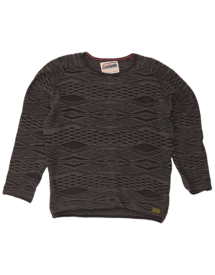 Jack & Jones Herren-Pullover mit Rundhalsausschnitt, Größe S, graue Argyle-/Diamant-Baumwolle