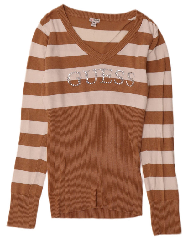 Guess Damen-Pullover mit grafischem V-Ausschnitt, Gr. 12, Mittelbeige, gestreift, Viskose