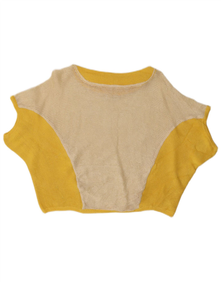 Vintage Damen Crop Knit Bluse Top UK 12 Mittelgelb Farbblock