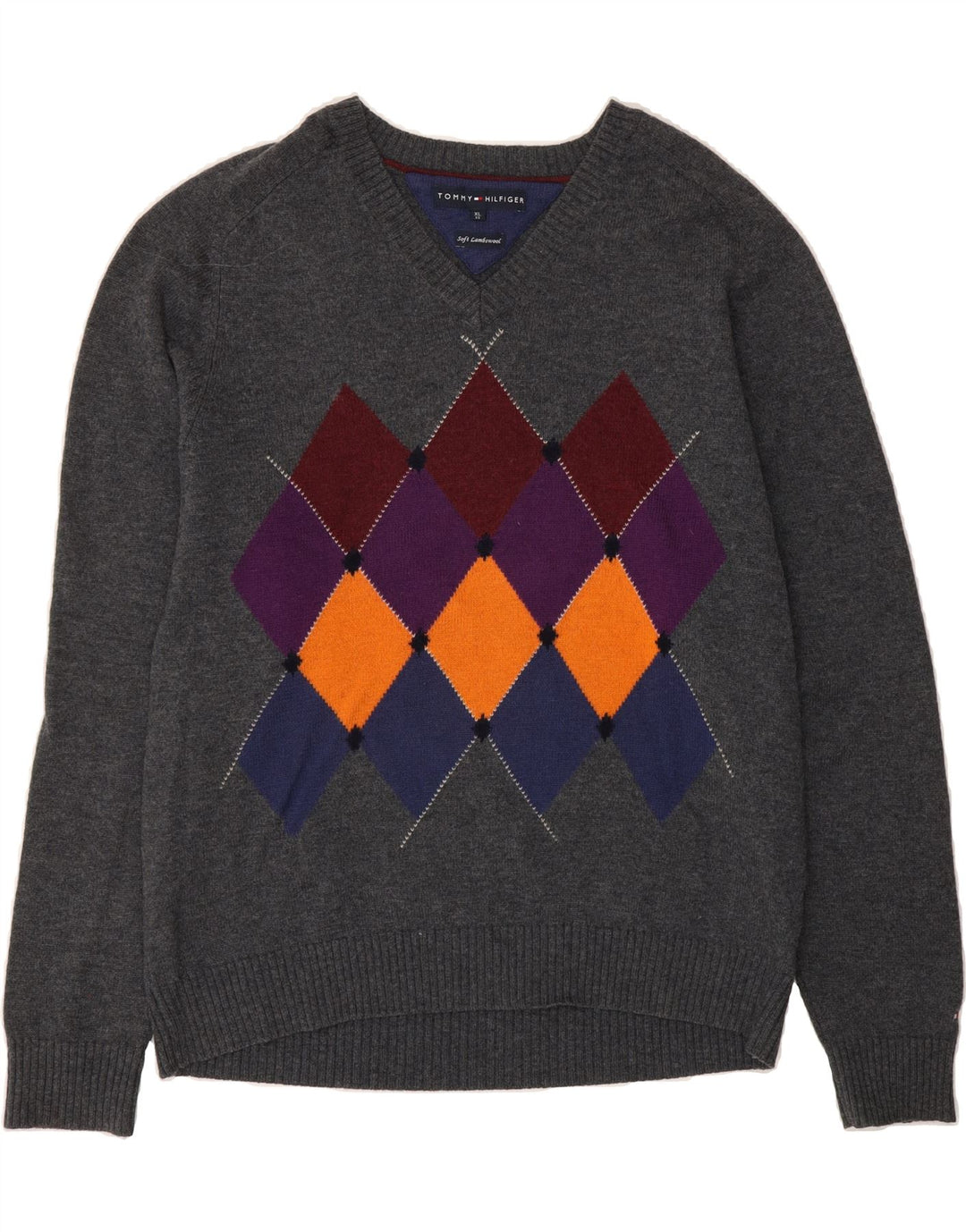 TOMMY HILFIGER Mens V-Neck Jumper Sweater XL Grey Argyle/Diamond Wool Vintage Tommy Hilfiger and Second-Hand Tommy Hilfiger from Messina Hembry 