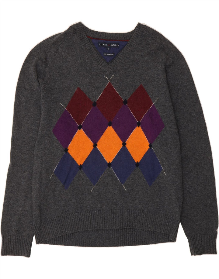 TOMMY HILFIGER Mens V-Neck Jumper Sweater XL Grey Argyle/Diamond Wool Vintage Tommy Hilfiger and Second-Hand Tommy Hilfiger from Messina Hembry 
