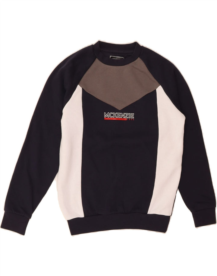 MCKENZIE Boys Sweatshirt Jumper 10-11 Years Medium Navy Blue Colourblock Vintage Mckenzie and Second-Hand Mckenzie from Messina Hembry 