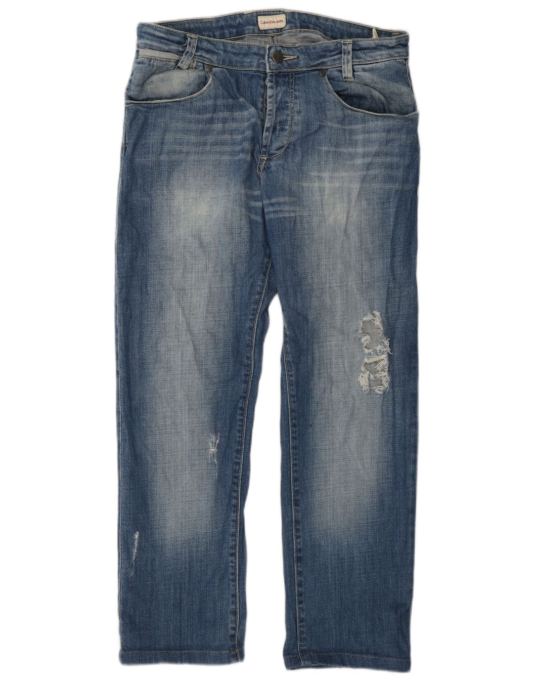 Calvin Klein Herren Distressed Straight Jeans W32 L28 Blaue Baumwolle