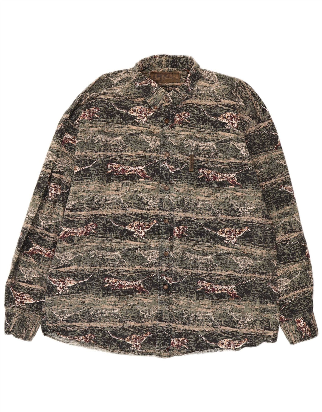 VINTAGE Herren-Flanellhemd, großes grünes Tiermuster aus Baumwolle