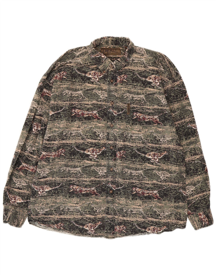 VINTAGE Herren-Flanellhemd, großes grünes Tiermuster aus Baumwolle