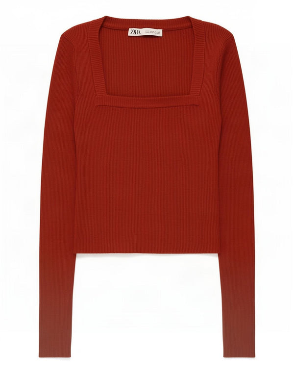 Zara Damen Crop Top Langarm UK 8 Small Burgund Viskose