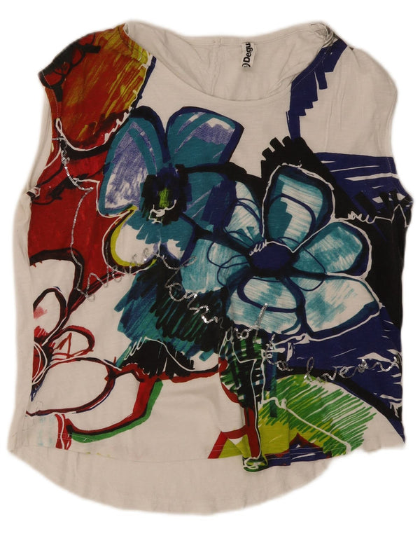 Desigual Womens Loose Fit Graphic Vest Top UK 18 XL Weiß geblümte Baumwolle