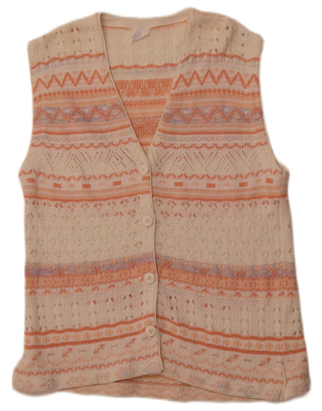 VINTAGE Ärmelloser Damen-Cardigan-Pullover UK 14 Mittelweiß Geometrisch