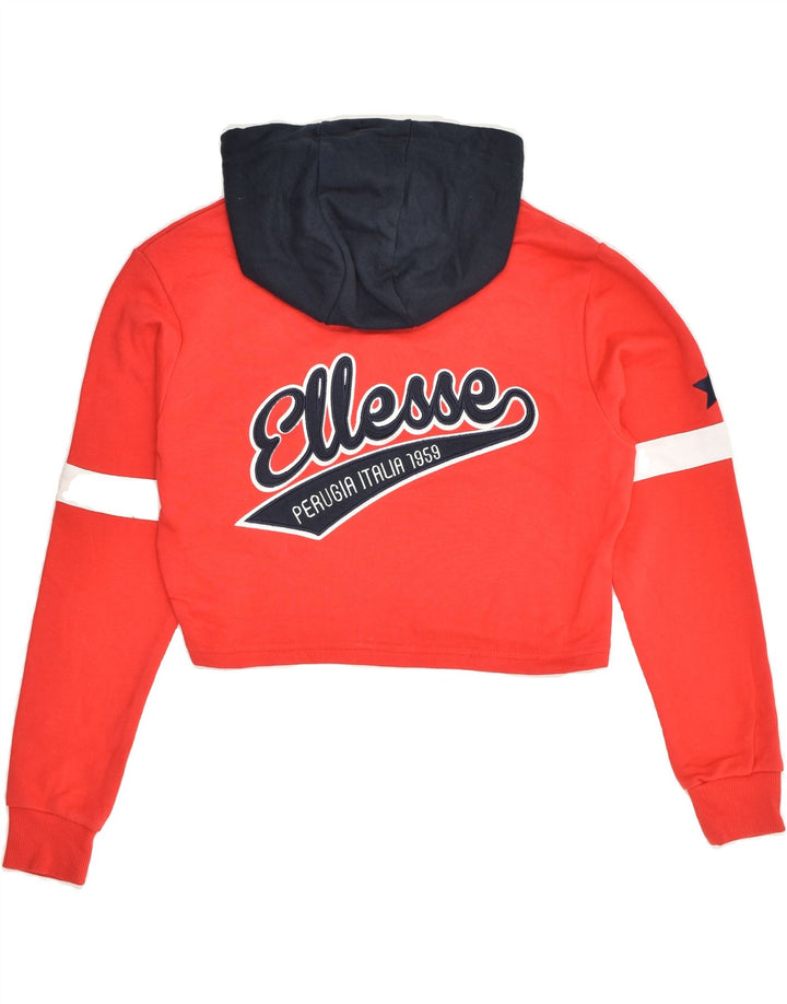ELLESSE Womens Graphic Crop Hoodie Jumper UK 8 Small Red Colourblock | Vintage Ellesse | Thrift | Second-Hand Ellesse | Used Clothing | Messina Hembry 