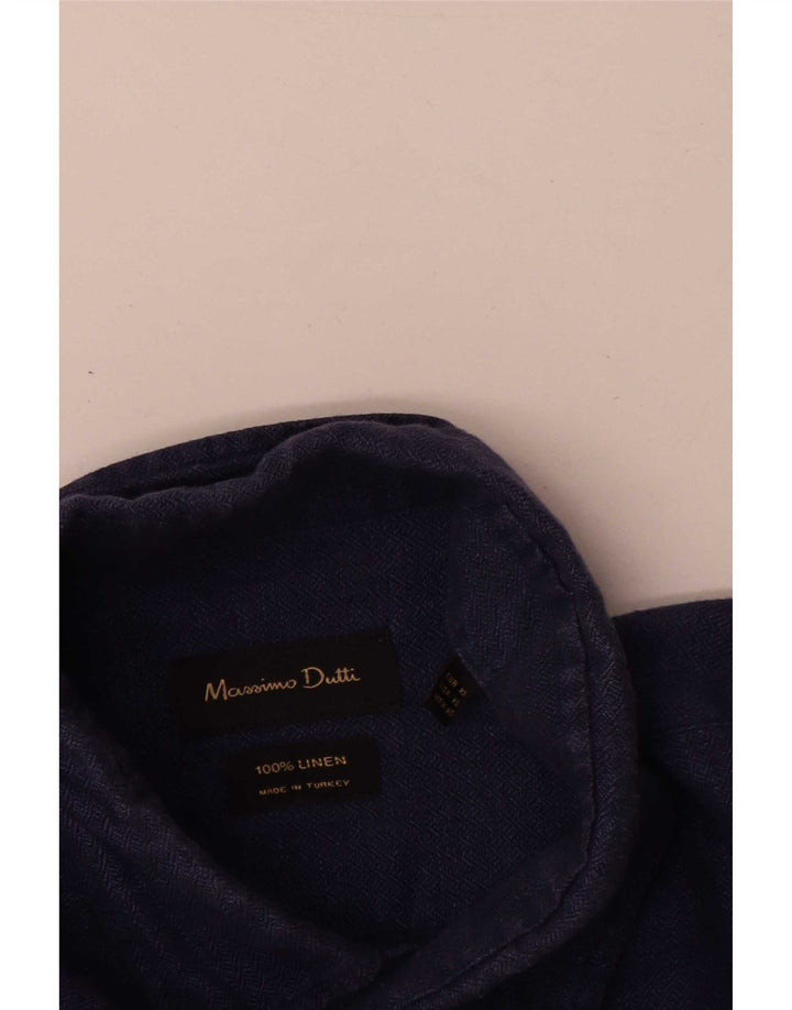 Massimo Dutti Herrenhemd XL Marineblaues Fischgräten-Leinen