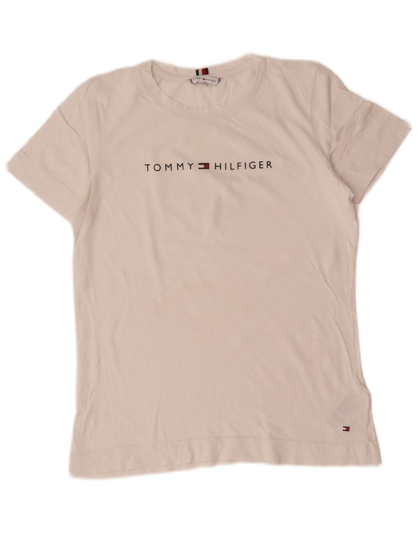 Tommy Hilfiger Damen-T-Shirt mit Grafik, UK 14, mittelweiße Baumwolle