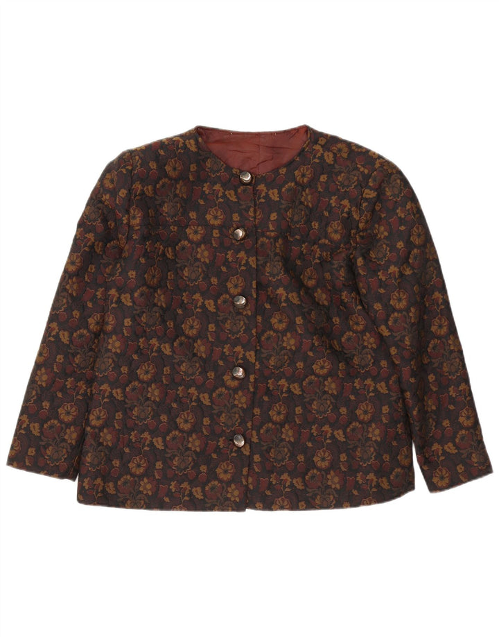 Vintage Damen 5-Knopf-Blazerjacke UK 16 Großes braunes Blumenmuster