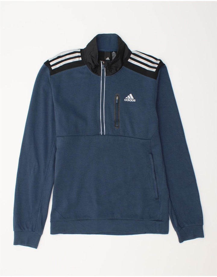 Adidas Herren-Sweatshirt mit Reißverschluss am Hals, klein, blau, Colourblock-Baumwolle