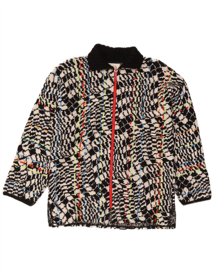 Vintage Damen Strickjacke mit abstraktem Muster und durchgehendem Reißverschluss, Gr. 16, Schwarz