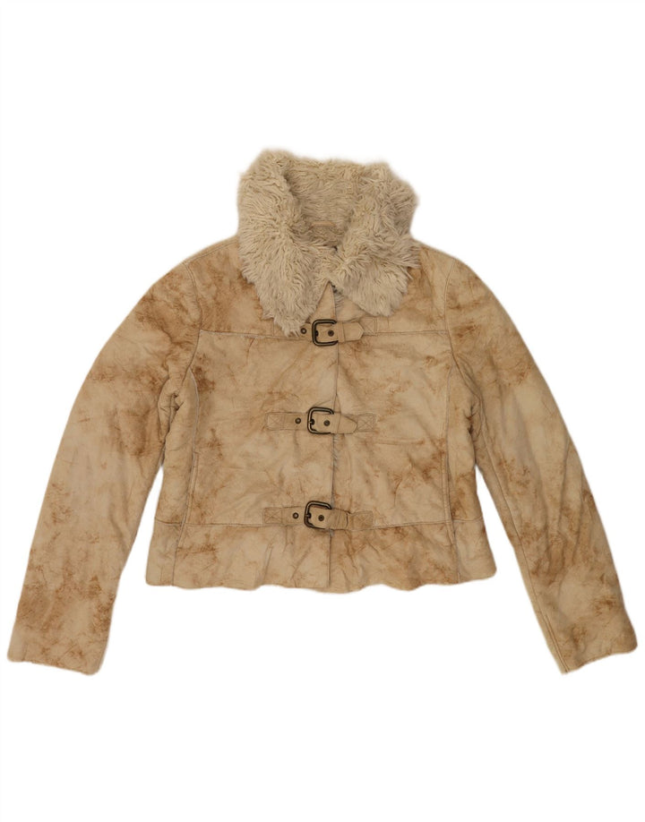 Armani Jeans Damen Crop Sherpa Jacke IT 44 Medium Beige Tie Dye Acryl