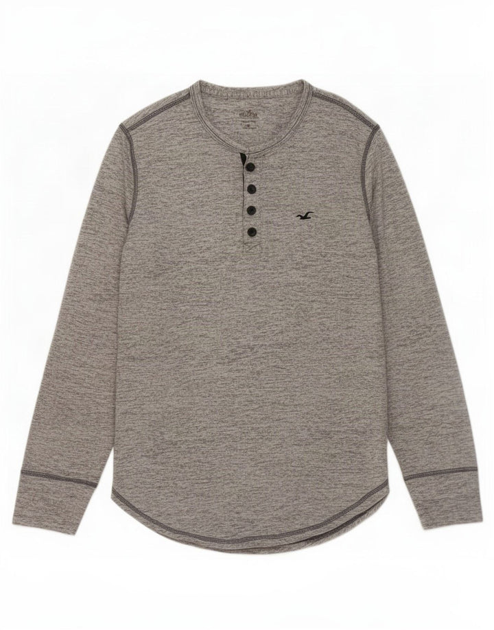 Hollister Herren-Oberteil, langärmelig, klein, grau gefleckte Baumwolle