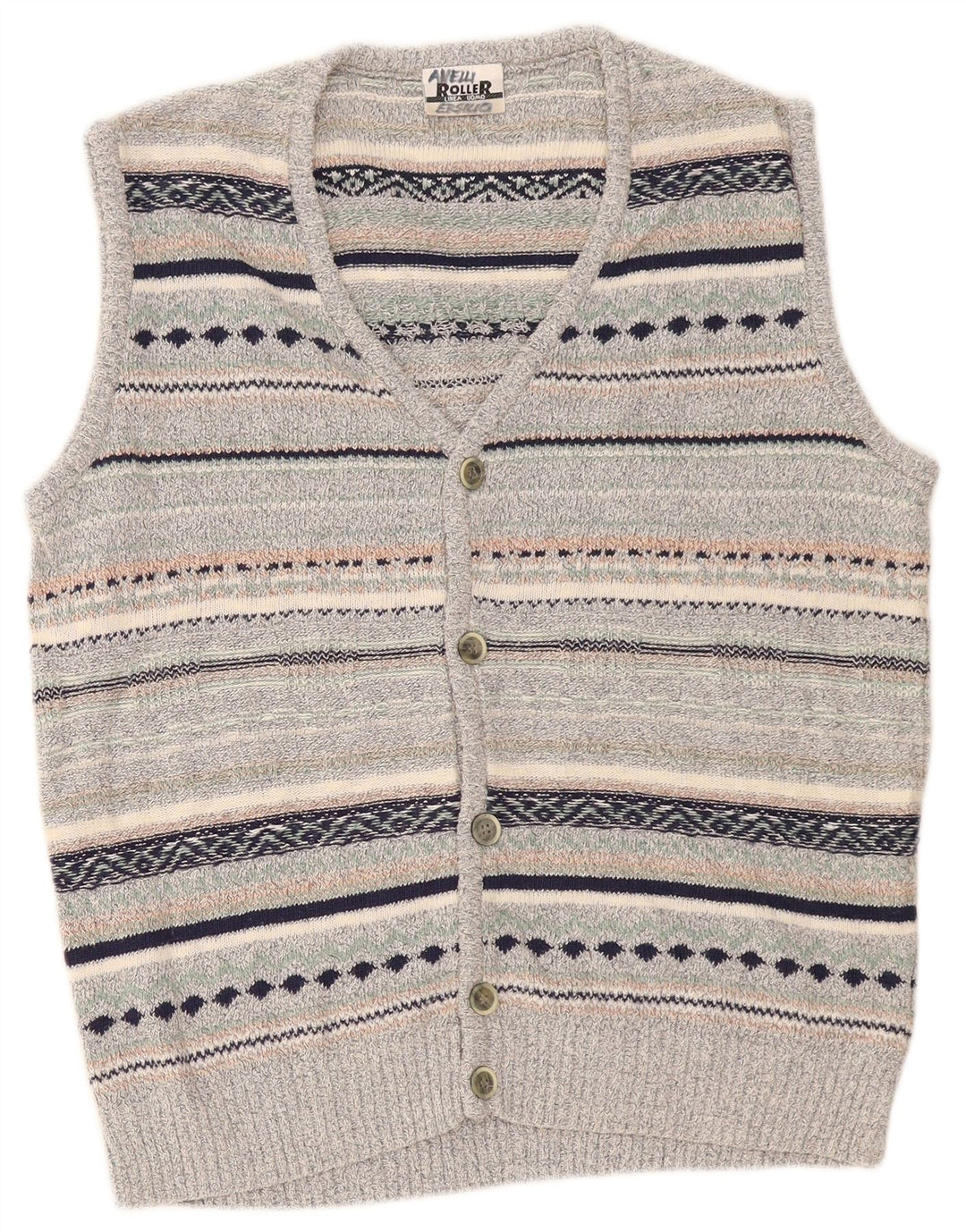 Vintage Herren Ärmelloser Cardigan Pullover Mittelgrau gestreiftes Leinen
