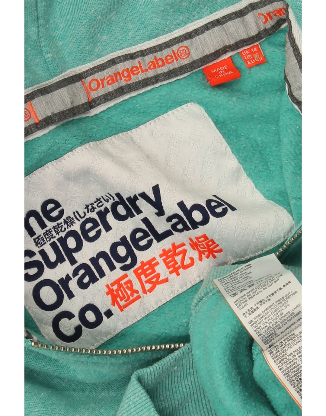 SUPERDRY Damen-Kapuzenpullover mit Reißverschluss, Gr. 44, großes türkisfarbenes gesprenkeltes Polyester
