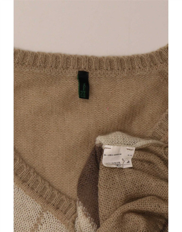 Benetton Damen-Pullover mit V-Ausschnitt, Gr. 14, Mittelbeige, Argyle-Muster/Diamant