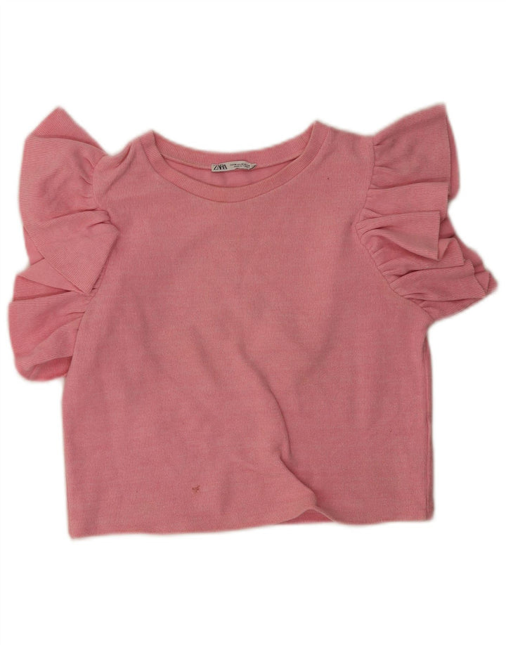 Zara Damen Crop Bluse Top UK 12 Mittelrosa Baumwolle