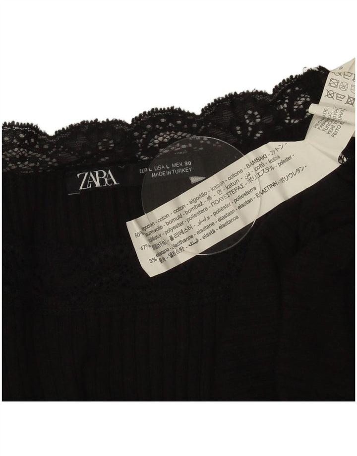 Zara Damen Crop Bluse Top UK 14 Große schwarze Baumwolle
