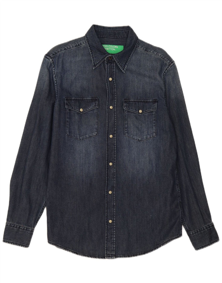 Benetton Herren-Jeanshemd aus mittelblauer Baumwolle in Marineblau
