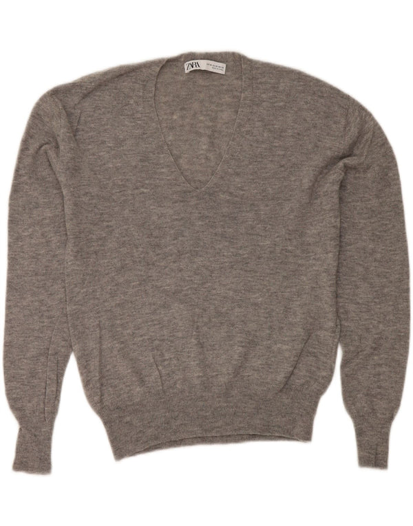 Zara Damen-Pullover, lockere Passform, V-Ausschnitt, Gr. 6, XS, Grau meliert