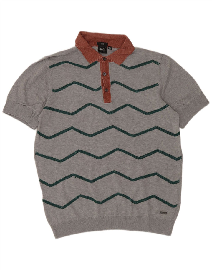 Hugo Boss Herren Kurzarm-Polo-Pullover mit Chevronmuster in Mittelgrau