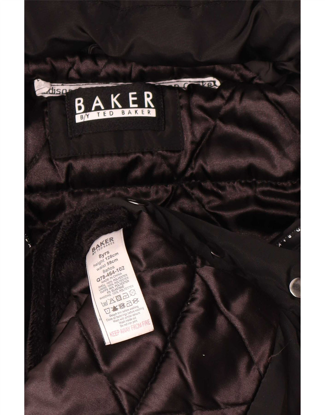 Ted Baker Wattierter Mantel mit grafischer Kapuze für Mädchen, 7–8 Jahre, schwarzes Polyester