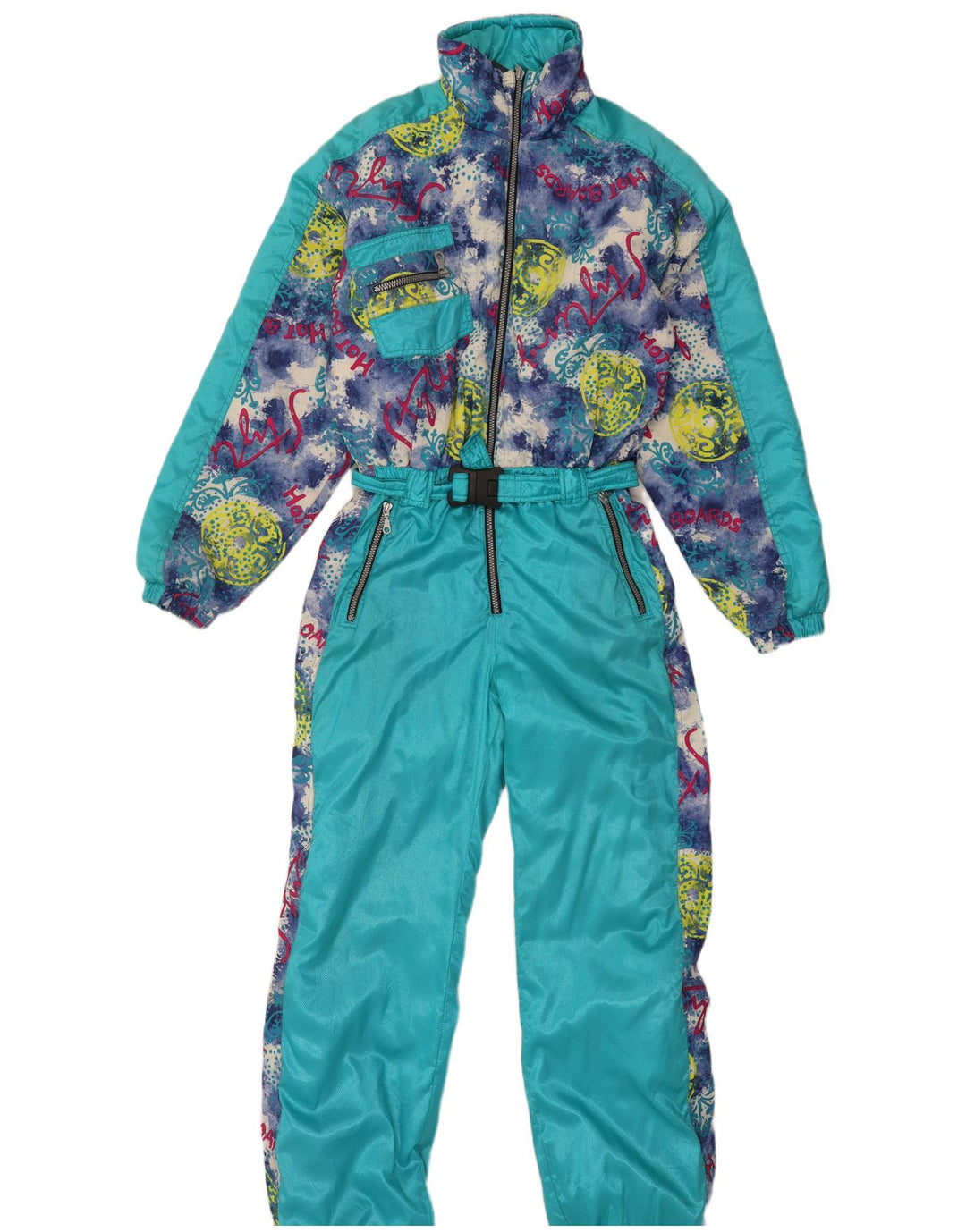 Vintage Damen Ski-Overall mit Kapuze, übergroß, Grafik, IT 44, mitteltürkis
