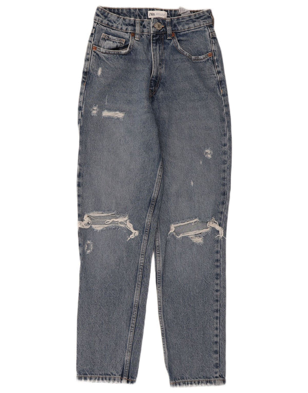 Zara Damen Distressed High Waist Tapered Jeans EU 34 2XS W24 L27 Blau