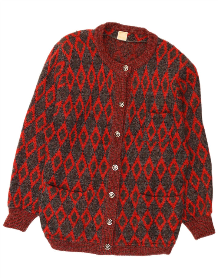 VINTAGE Damen Oversized Cardigan Pullover UK 16 Große rote geometrische Wolle